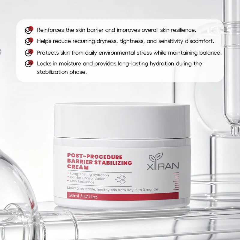 White jar labeled 'Post-procedure barrier stabilizing cream' alongside benefits listed for hydration, resilience, and barrier support.